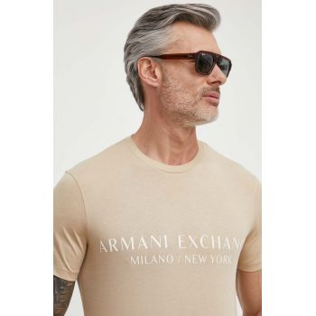 Armani Exchange tricou barbati, culoarea bej, cu imprimeu ieftin