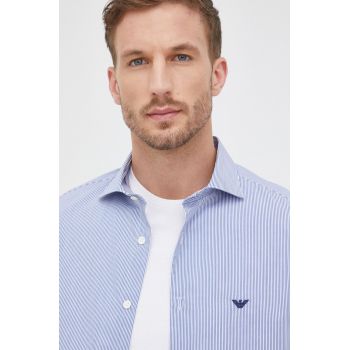 Emporio Armani camasa din bumbac barbati, culoarea albastru marin, cu guler italian, regular de firma originala