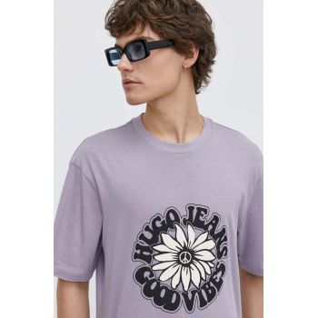 HUGO Blue tricou din bumbac bărbați, culoarea violet, cu imprimeu 50515317