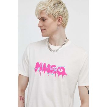 HUGO tricou din bumbac barbati, culoarea bej, cu imprimeu