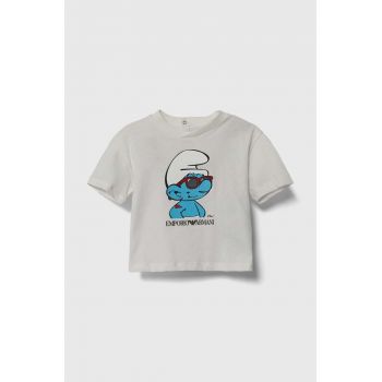 Emporio Armani tricou din bumbac pentru bebelusi x The Smurfs culoarea bej, cu imprimeu