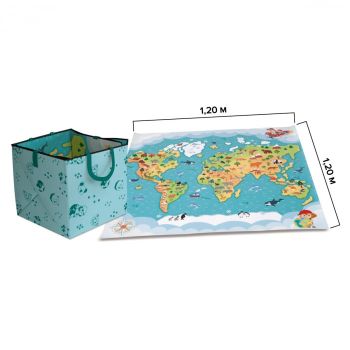 Harta Lumii Covoras de joaca si cutie de depozitare, dimensiuni 1,20 x 1,20 m, Colectie Animalele Planetei, RBA, +18 luni