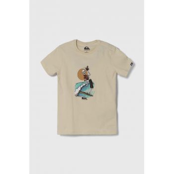 Quiksilver tricou de bumbac pentru copii NEVERENDINGSURF culoarea bej, cu imprimeu