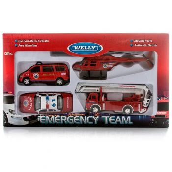 Set Masinute  1:64 Emergency Team  Pompieri 4buc  W98160-4GF- POM Rosu