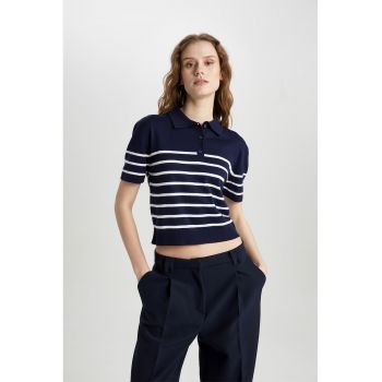 Pulover polo crop cu maneci scurte