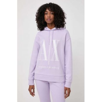 Armani Exchange hanorac de bumbac femei, culoarea violet, cu glugă, cu imprimeu