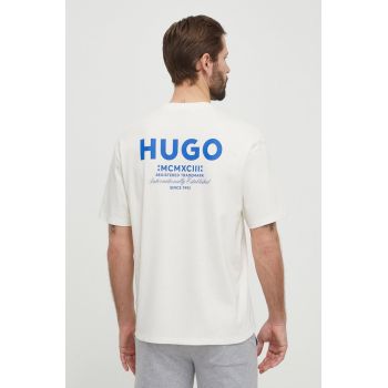Hugo Blue tricou din bumbac barbati, culoarea bej, cu imprimeu
