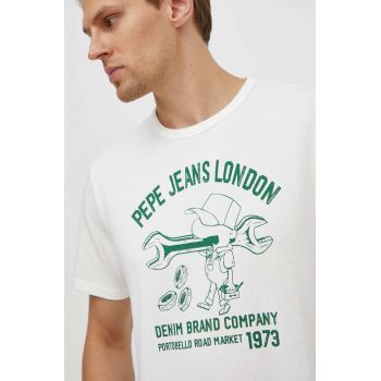 Pepe Jeans tricou din bumbac barbati, culoarea alb, cu imprimeu ieftin