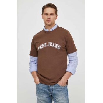 Pepe Jeans tricou din bumbac barbati, culoarea maro, cu imprimeu ieftin