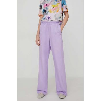 Stine Goya pantaloni de bumbac Carola Solid culoarea violet, drept, high waist