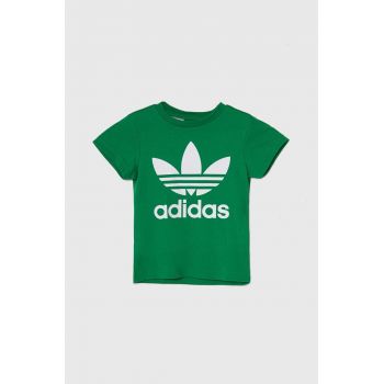 adidas Originals tricou de bumbac pentru copii TREFOIL culoarea verde, cu imprimeu