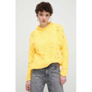 Desigual pulover de bumbac culoarea galben, cu turtleneck