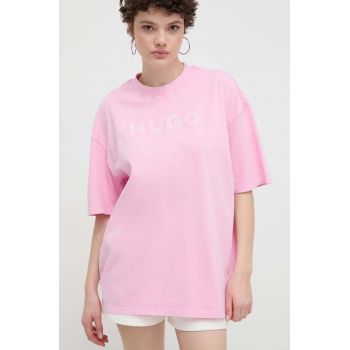 HUGO tricou din bumbac femei, culoarea roz