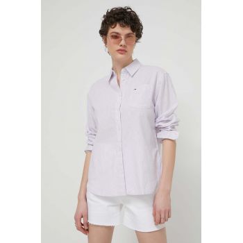 Tommy Jeans cămașă din amestec de in culoarea violet, cu guler clasic, relaxed DW0DW17737