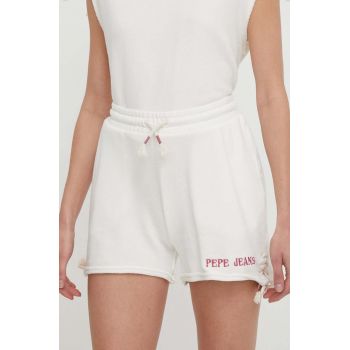 Pepe Jeans pantaloni scurti din bumbac Kendall culoarea bej, cu imprimeu, high waist ieftini