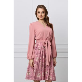 Rochie Dy Fashion roz cu imprimeu pe fusta si cordon in talie ieftina