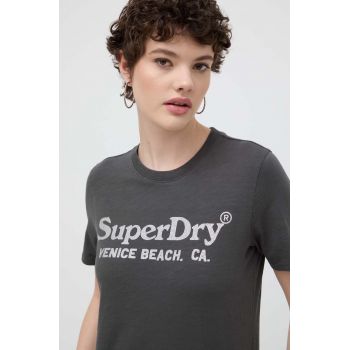 Superdry tricou din bumbac femei, culoarea gri de firma original