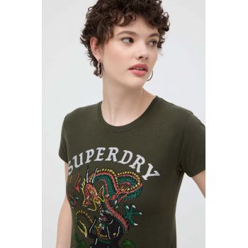 Superdry tricou din bumbac femei, culoarea verde