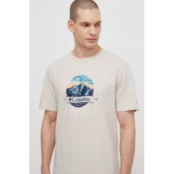Columbia tricou din bumbac Path Lake bărbați, culoarea bej, cu imprimeu 1934814 ieftin