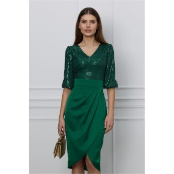 Rochie Dy Fashion verde cu paiete la bust si fusta din satin