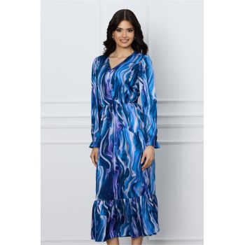 Rochie Moze albastra cu imprimeuri si nasturi decorativi pe bust ieftina la reducere