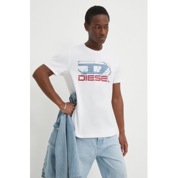 Diesel tricou din bumbac T-DIEGOR-K74 bărbați, culoarea alb, cu imprimeu, A12502.0GRAI ieftin