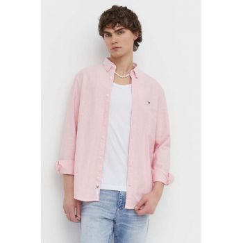Tommy Jeans camasa din bumbac barbati, culoarea roz, cu guler button-down, regular