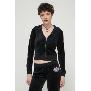 Juicy Couture bluza femei, culoarea negru, cu glugă, cu imprimeu