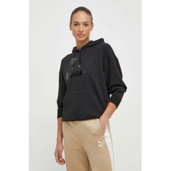Puma bluză CLASSICS Shiny Logo Hoodie femei, culoarea negru, cu glugă, imprimeu, 625595 ieftin