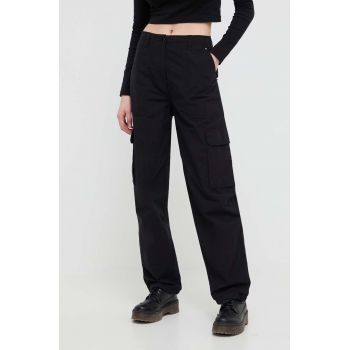 Tommy Jeans pantaloni femei, culoarea negru, drept, high waist