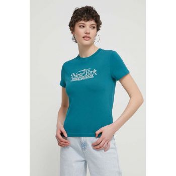 Tommy Jeans tricou din bumbac femei, culoarea turcoaz DW0DW17826