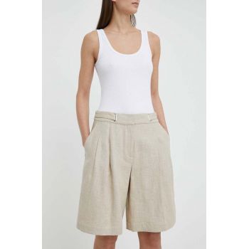 Remain pantaloni scurti din in culoarea bej, neted, high waist