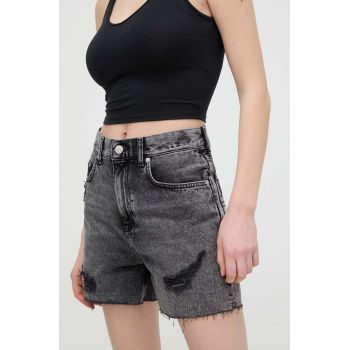 Tommy Jeans pantaloni scurti jeans femei, culoarea gri, neted, high waist, DW0DW17652