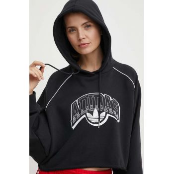 adidas Originals hanorac de bumbac femei, culoarea negru, cu glugă, cu imprimeu, IT9772