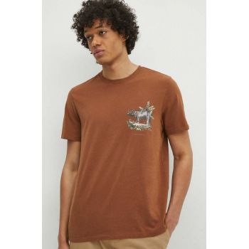 Medicine tricou din bumbac barbati, culoarea maro, cu imprimeu de firma original