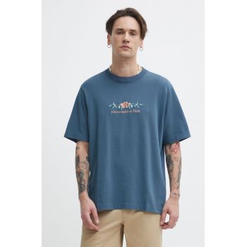 Abercrombie & Fitch tricou din bumbac barbati, culoarea turcoaz, cu imprimeu ieftin