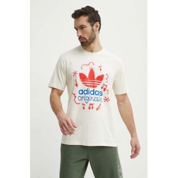 adidas Originals tricou din bumbac barbati, culoarea bej, cu imprimeu, IS2895 ieftin