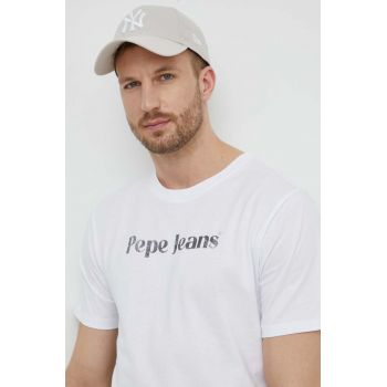 Pepe Jeans tricou din bumbac CLIFTON barbati, culoarea alb, cu imprimeu, PM509374 ieftin