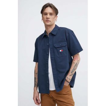 Tommy Jeans cămașă din bumbac bărbați, culoarea bleumarin, cu guler clasic, relaxed, DM0DM18969