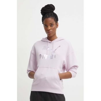 Puma bluză CLASSICS Shiny Logo Hoodie femei, culoarea violet, cu glugă, imprimeu, 625595 ieftin