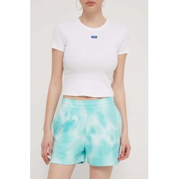 HUGO pantaloni scurți din bumbac culoarea turcoaz, cu model, high waist, 50514111