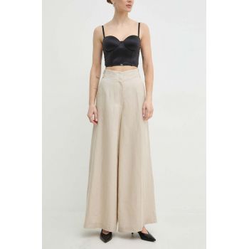 Ivy Oak pantaloni din in culoarea bej, lat, high waist, IO115177