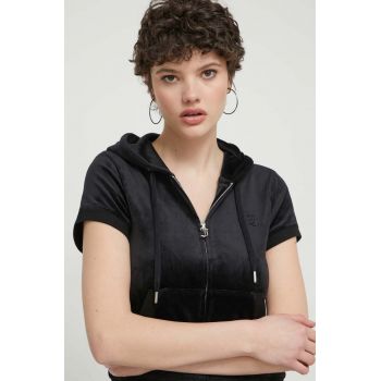 Juicy Couture bluză din velur culoarea negru, cu glugă, cu imprimeu