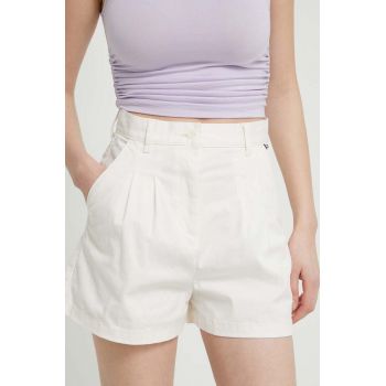 Tommy Jeans pantaloni scurți femei, culoarea bej, uni, high waist, DW0DW17775