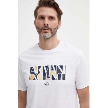 Armani Exchange tricou din bumbac culoarea alb, cu imprimeu ieftin