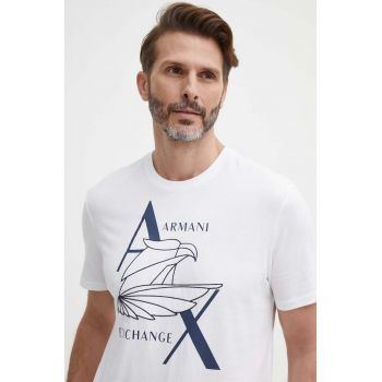 Armani Exchange tricou din bumbac culoarea alb, cu imprimeu de firma original