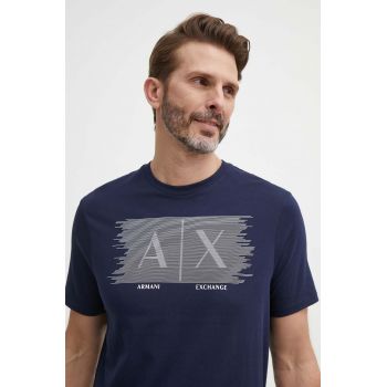 Armani Exchange tricou din bumbac culoarea albastru marin, cu imprimeu de firma original