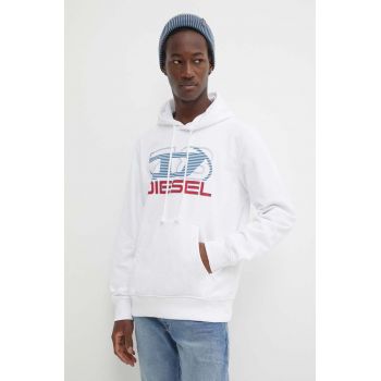 Diesel bluza barbati, culoarea alb, cu glugă, cu imprimeu