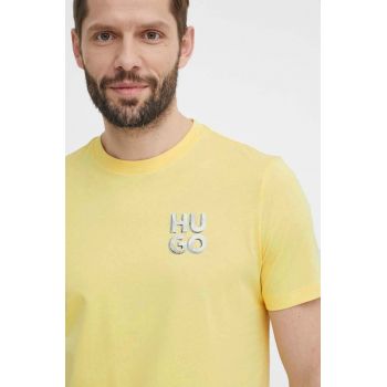 HUGO tricou din bumbac barbati, culoarea galben, cu imprimeu