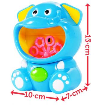 Aparat generator baloane de sapun, cu baterii si rezerva 118 ml lichid inclus, 13 x 10 x 7 cm, Bubble Blue Elephant